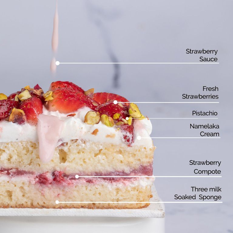 Strawberry Tres Leches With Strawberry Sauce - Eggless 